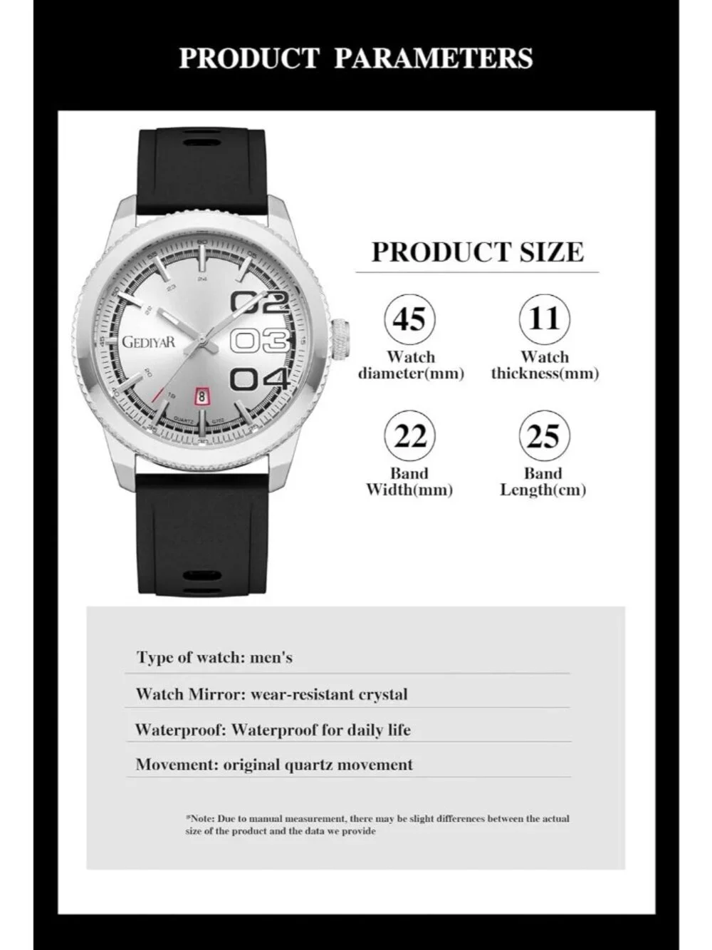 Men's Black Silver Analog Quartz Silicone Band Waterproof Luminous Wrist Watch